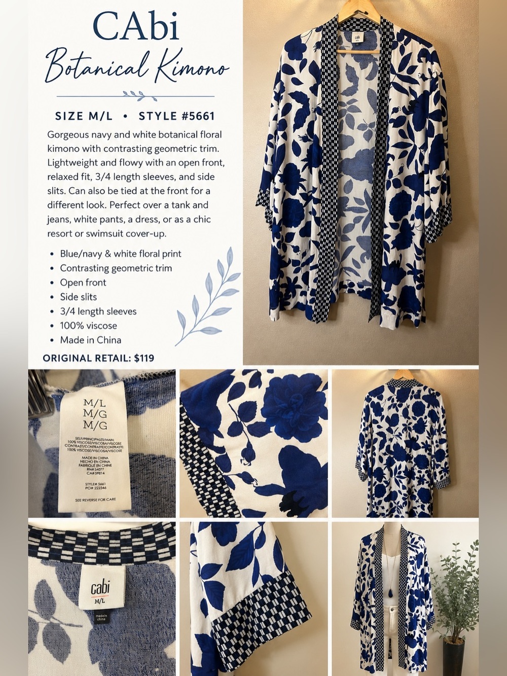 CAbi Botanical Kimono M/L Blue White Floral #5661